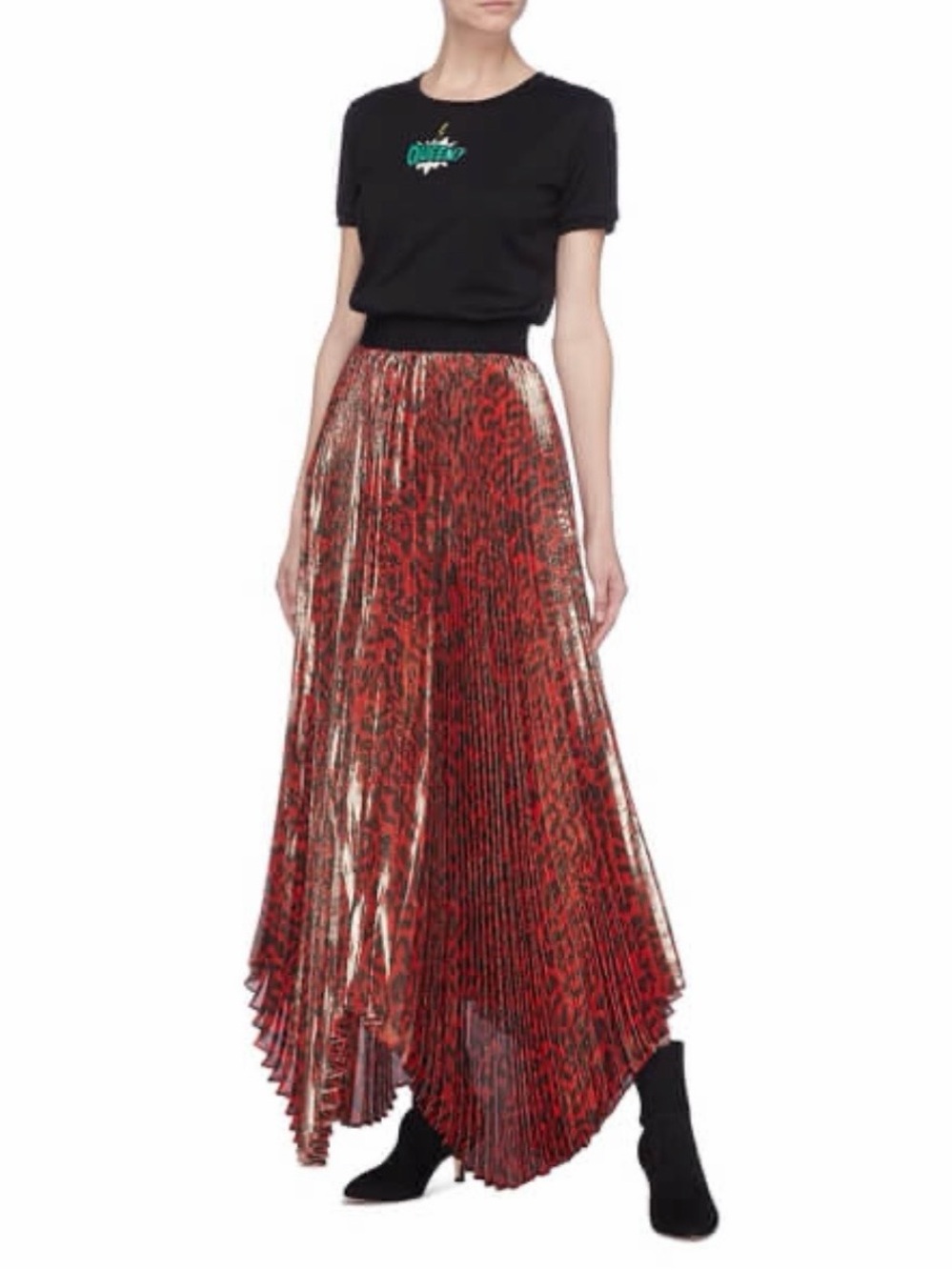 Alice + Olivia Red Leopard-Print Pleated Asymmetrical Maxi Skirt
